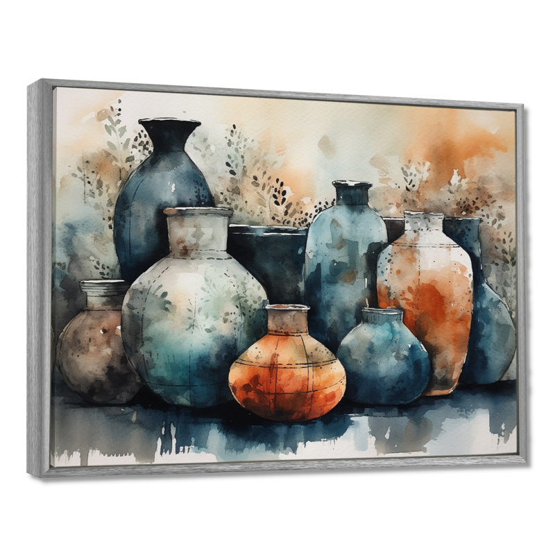 Art mural bleu et orange Kamani - art mural Boho Pottery II, H 30 po x l 40 po x P 1,5 po, Encadrement argenté
