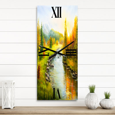 Horloge murale paysage d'automne avec montagnes et rivière