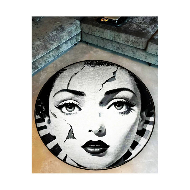 Broken Woman Face Patterned Woven  Washable Rug, Round 4'
