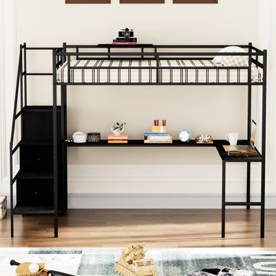 Lit mezzanine double en métal avec bureau en forme de L, lumières à DEL et garde-robe - station de recharge pour optimiser l'espace, pièce robuste