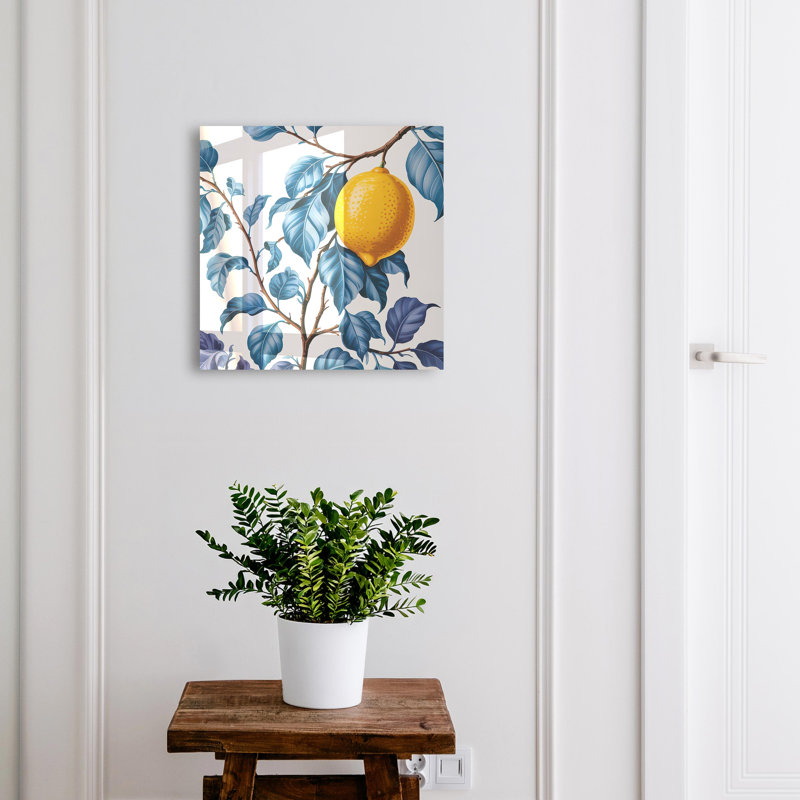 Decorative key box for wall, Opens to the left, 30x30x5, Black, Lemon among blue leaves full of details, 