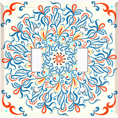 Metal Light Switch Plate Outlet Cover (Elegant Blue Orange Tile Cream  - Double Toggle)