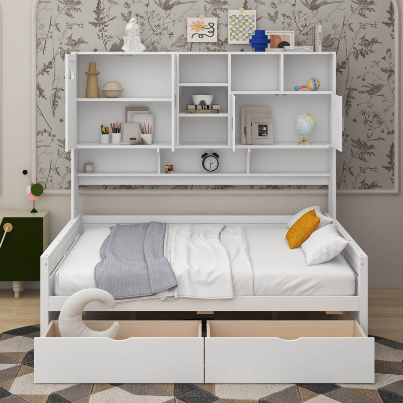 Lit de jour en bois avec tiroirs, Complet/Double, Blanc