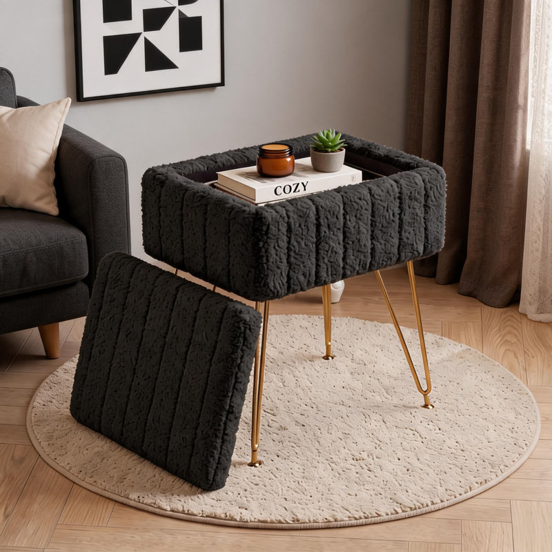 Tabouret de coiffeuse avec rangement, Noir, Molleton pelucheux