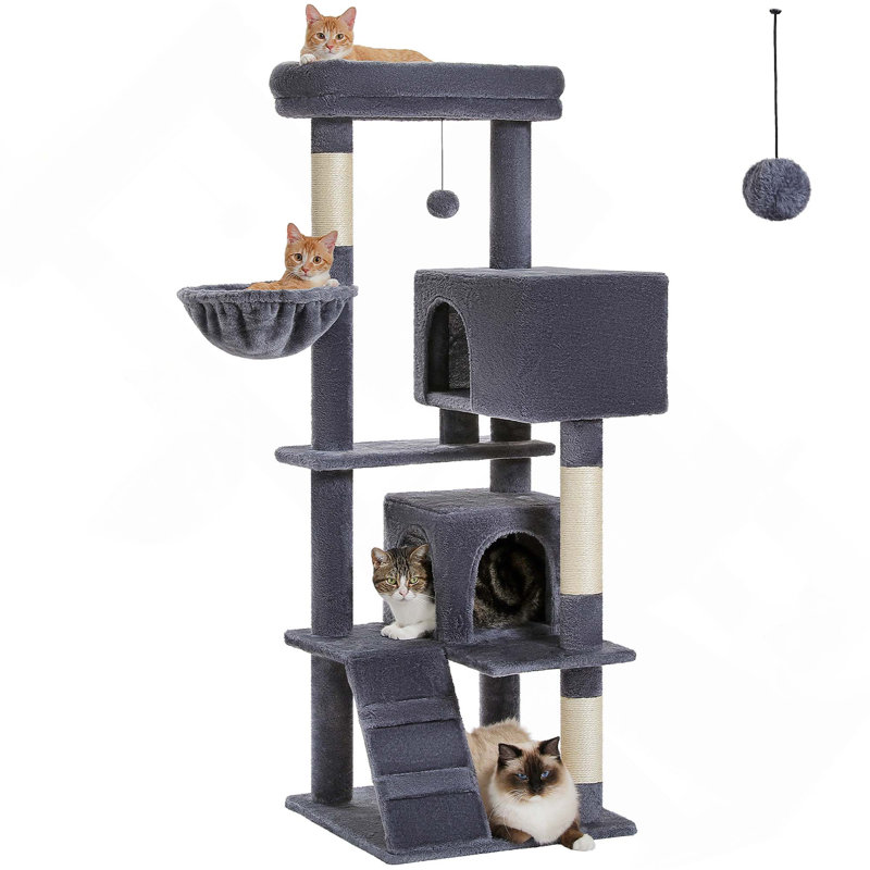 Arbre à chat avec grand perchoir supérieur, hamac moelleux, tablettes pour chat et pompon suspendu, poteaux à griffer pour chat et 2 maisonnettes