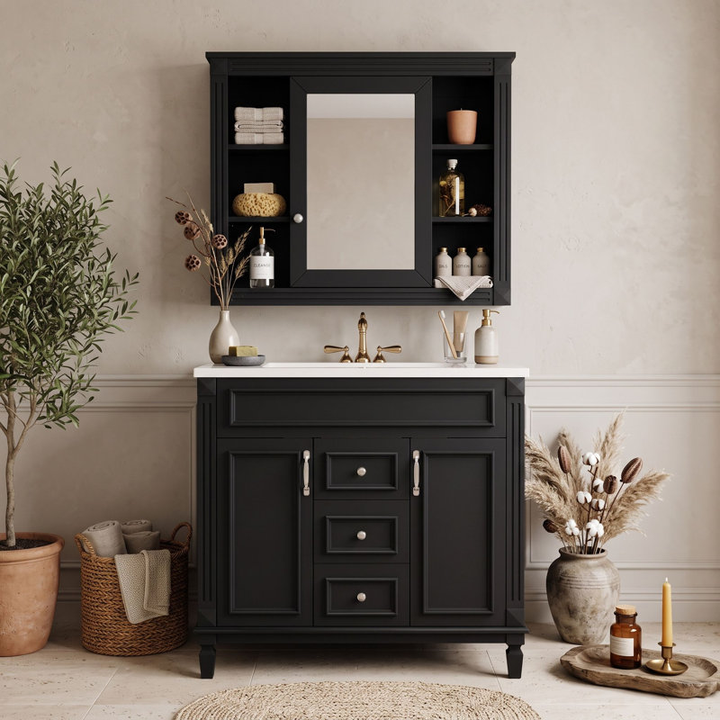 Ensemble de meuble-lavabo contemporain avec armoire à miroir, ensemble de meuble-lavabo autoportant avec portes à fermeture douce et grand espace de rangement