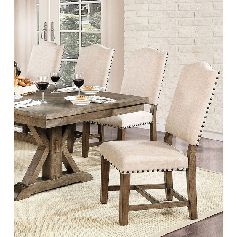 2 pièces, chaises de salle à manger rustiques en bois massif beige avec garniture cloutée, motif de chêne enrichi, revêtement beige, base