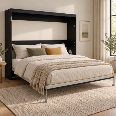 Lit escamotable horizontal Hidevora Queen, cadre de lit pliable noir avec 26 lattes en bois massif multicouches, pieds automatiques, assistance hydraulique à deux niveaux, sangle de maintien du matelas