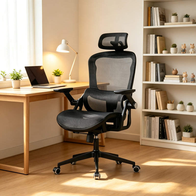 Ergonomic office chair with a dual-back design, featuring an adjustable lumbar support and a reclining backrest—home office desk and chair set, high-back computer chair, breathable mesh study chair