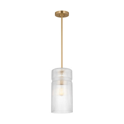 Luminaire suspendu de cuisine 1 lumière Liouet en laiton satiné avec abat-jour côtelé transparent