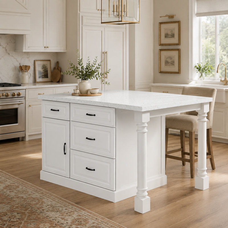 White Transitional Kitchen Island Base With Legs, 57.5" W Storage Cabinet & Prep Station