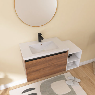 Meuble-lavabo mural Earnby 42 po avec lavabo en résine, petites étagères de rangement, tablette réglable, portes à fermeture amortie, brun ébène