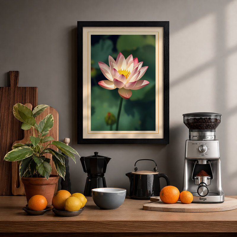 Floating Water Lily Botanical - Framed Print, A3 - 42.0 x 29.7 cm, Black