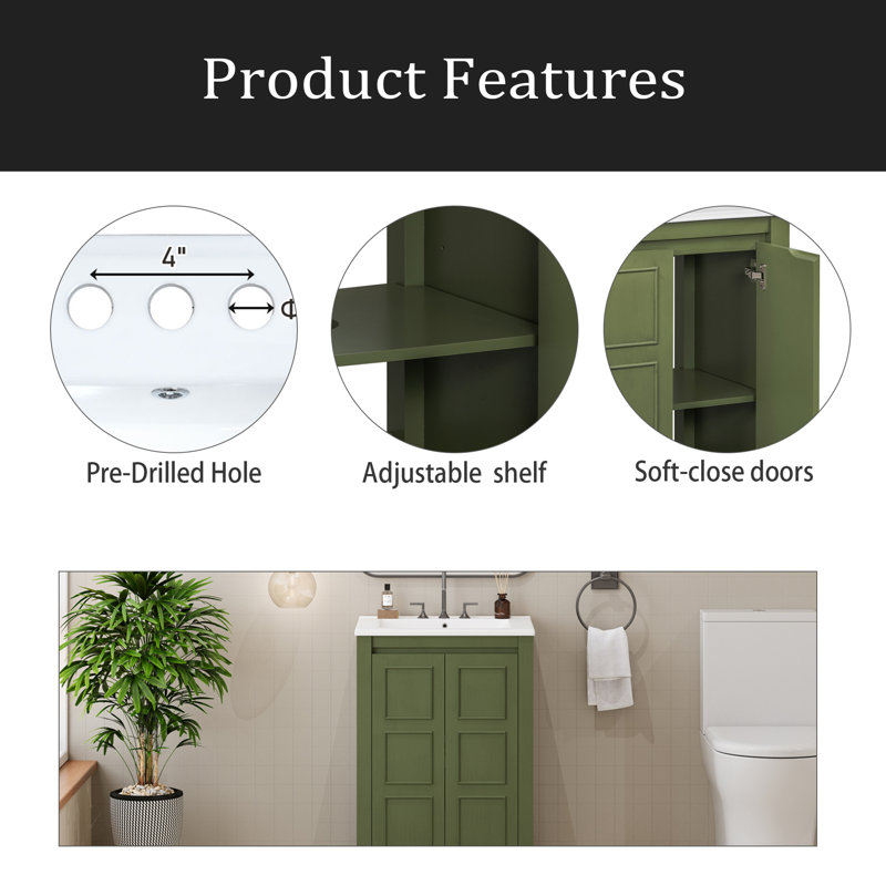 Petit meuble-lavabo de style vintage 24 po avec lavabo en céramique, 2 portes à fermeture douce, tablette réglable