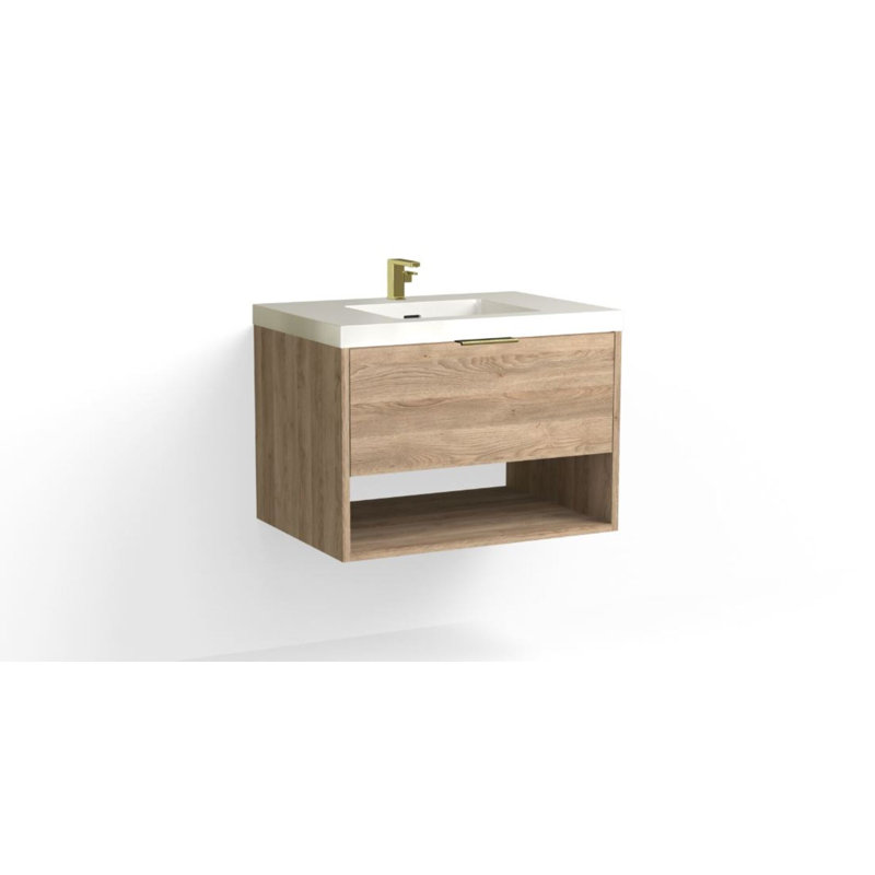 Modo 30" W Wall Mounted Single Bathroom Vanity, Glossy White/Single, White Acrylic, Matte Black
