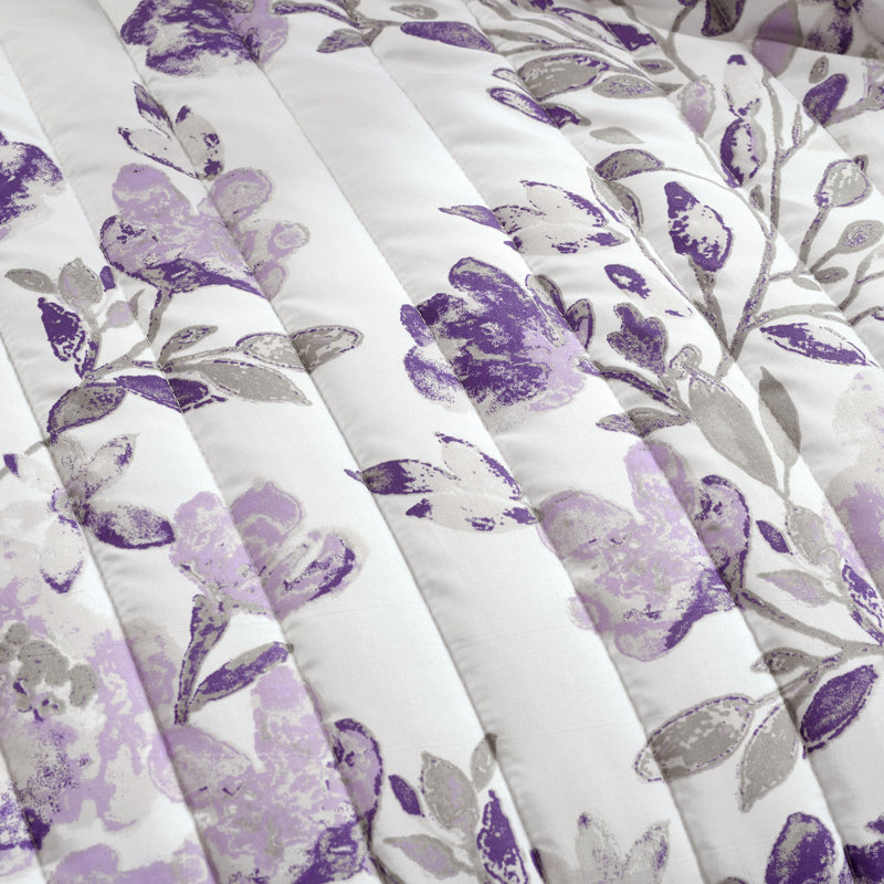 Gray and Purple Floral Reversible Microfiber Full Quilt Set