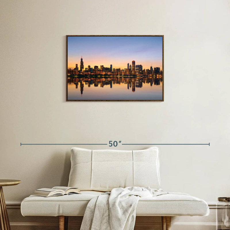 Chicago, reflet de l'horizon, 31 po x 21 po, Cadre flottant noyer