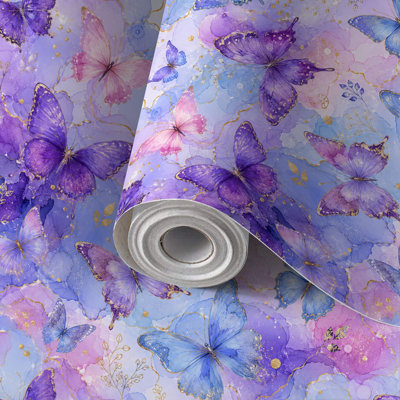 Papier auto-adhésif à peler et coller Papillon bleu mauve, encre à alcool, feuille d'or et marbre auto-adhésif et amovible 24 po x 118 po (60 x 300 cm)