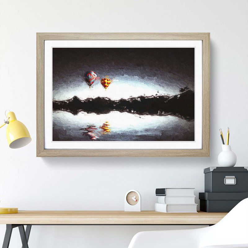 Hot Air Balloons Above a Lake in Abstract - Framed Print, 36cm H x 48cm W x 2cm D, Oak Framed