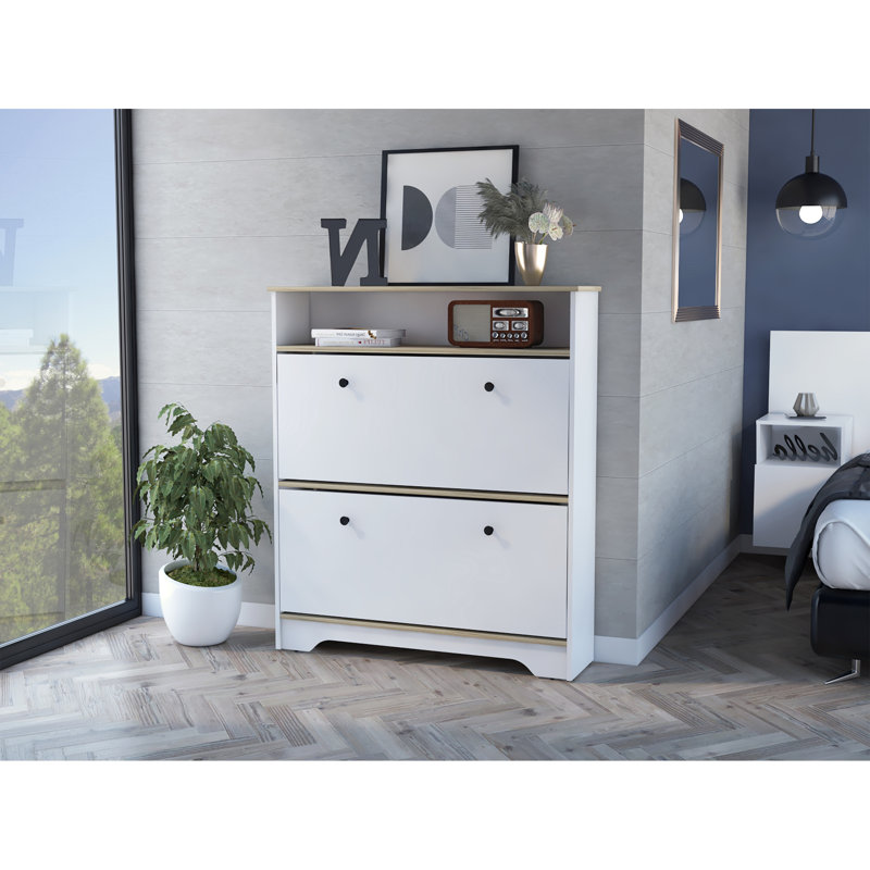 8 Pair Flip Down Shoe Storage, Light Oak/White