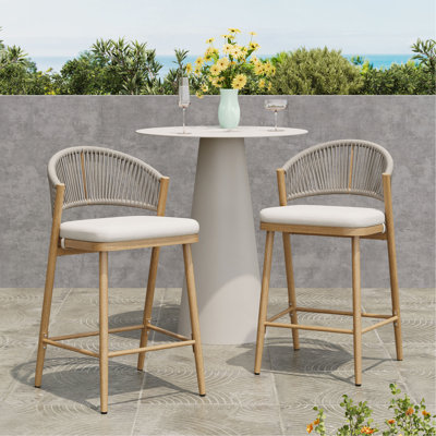 Outdoor 26" Seat Height Aluminum Frame Counter Stools With PE Rattan Scallop-Shaped Backrest, Set Of 2, Maple Finish