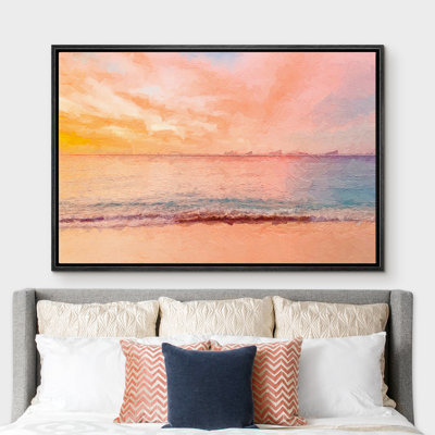 Nuage coloré illuminant la mer, reflétant l'eau au coucher du soleil - peinture sur toile à cadre flottant