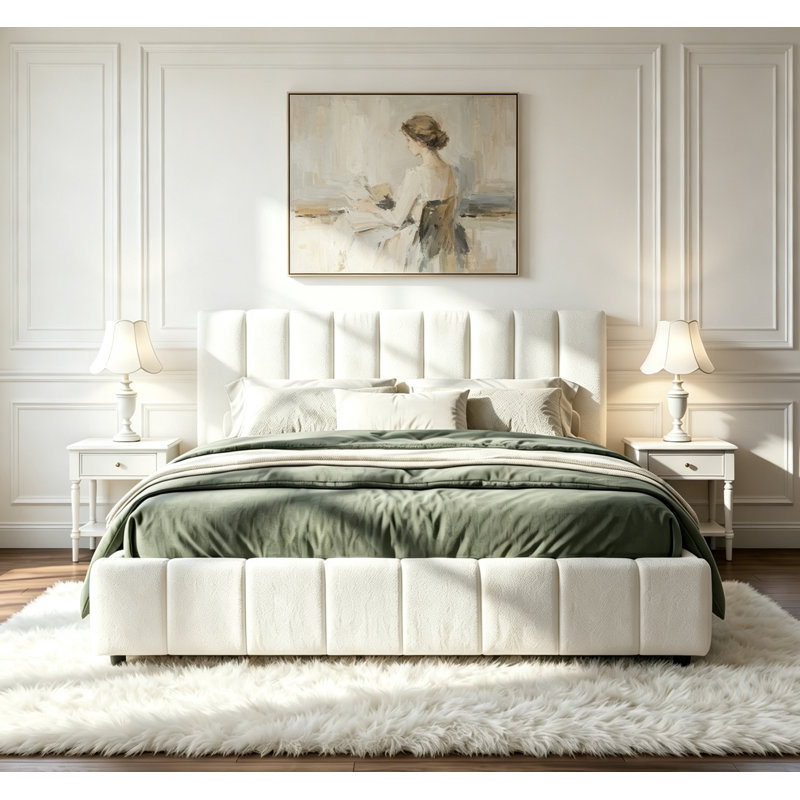 Structure de lit tapissier pour grand lit, tête de lit épaisse en tissu Boucle - Blanc cassé, Queen
