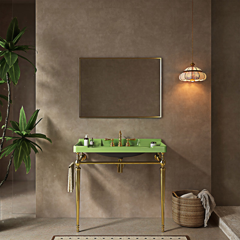 Lavabo de console de salle de bain, lavabo mural en céramique noire avec trous de robinet pré-percés, Vert, Doré, 36"