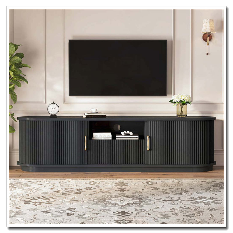Meuble télé avec portes à lattes coulissantes en bois pour téléviseur de 75 po ou moins, Noir