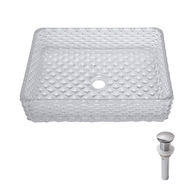 Bathroom Vessel Sink Above Counter White Bowl Sink Rectangle For Bathroom, Diamond Texture Design, Tempered Glass Vessel Sink With Pop-Up Drain (No Faucet)