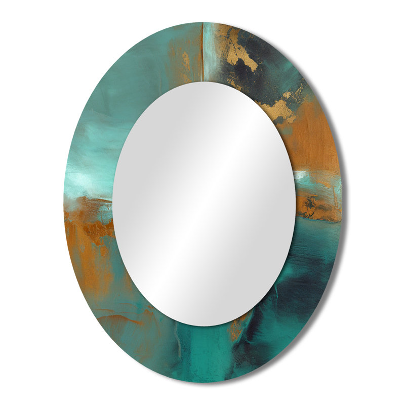 Teal Balance I - Miroir décoratif ovale abstrait sur métal, 43 po x 33 po