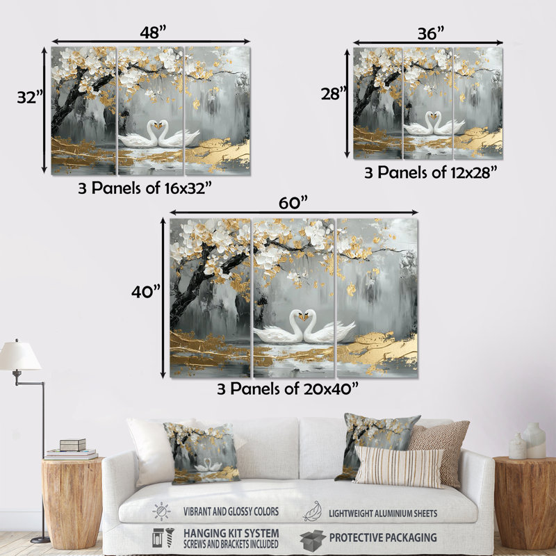 Ensemble de salon gris et or avec cygnes «Love Under Cherry Blossom III», H 28 po x l 36 po x P 1 po, Métal métal