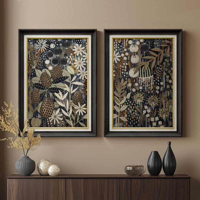 Motif botanique décoratif dans des tons de terre - ensemble de 2 reproductions d'art encadrées de qualité supérieure sur papier 26 po x 36 po