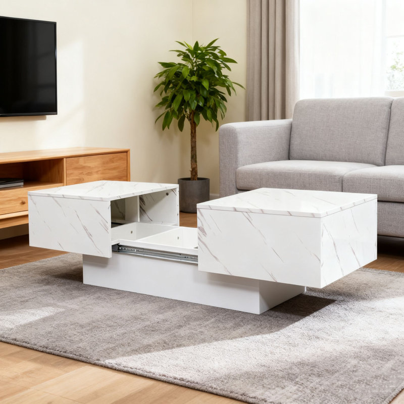 Table basse moderne en faux marbre blanc au design épuré