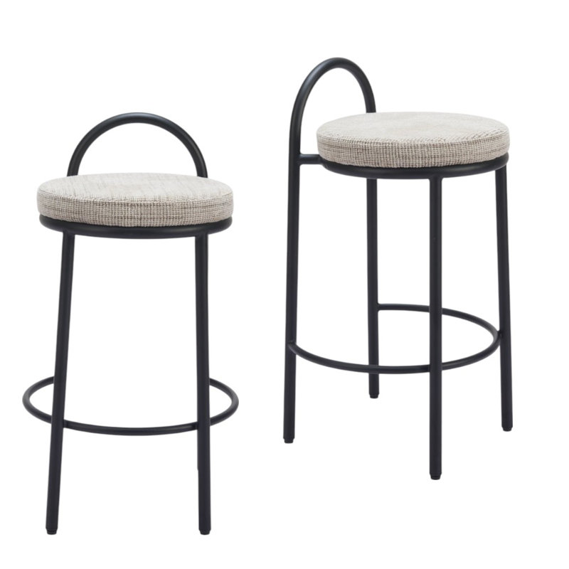 Ensemble de deux chaises de bar à hauteur de comptoir en chenille et acier à dossier bas de 26 po beige et noir