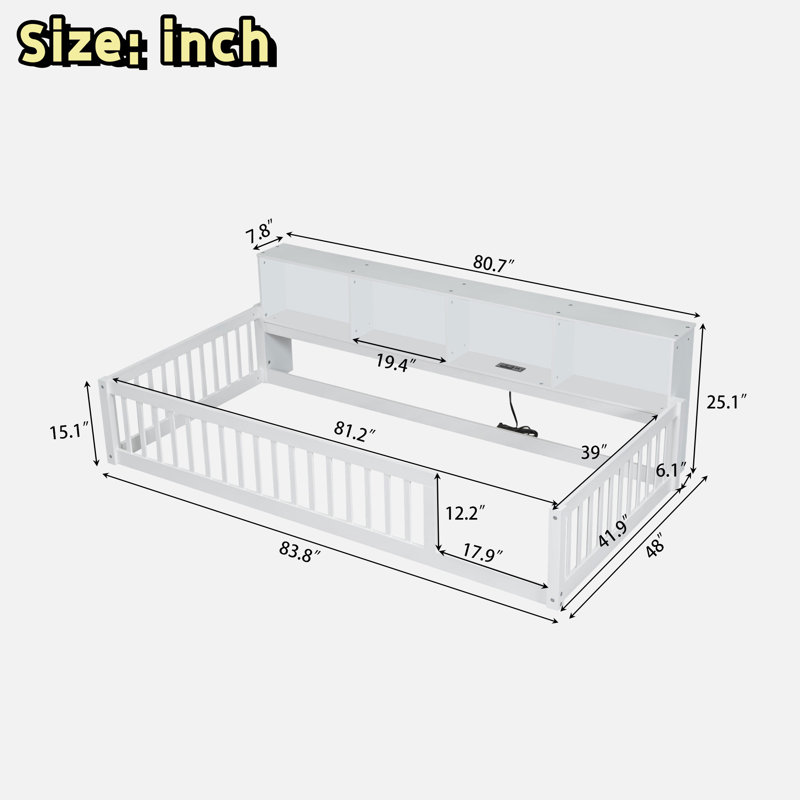 Lit simple en bois de taille très grand avec armoires de rangement intégrées et ports USB, Brun