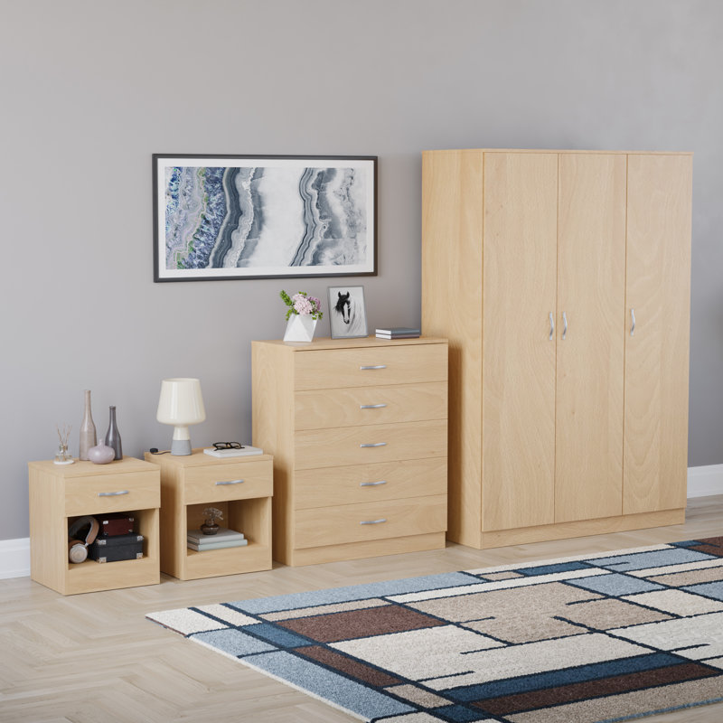 Tayce 4 Piece Bedroom Set (1 Drawer Bedside Chest X2, 5 Drawer Chest, 3 Door Wardrobe), Tan