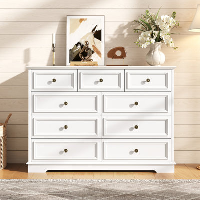 Valera 9-Drawer Dresser, Vintage Wide Storage Chest With Antique Bronze Handles