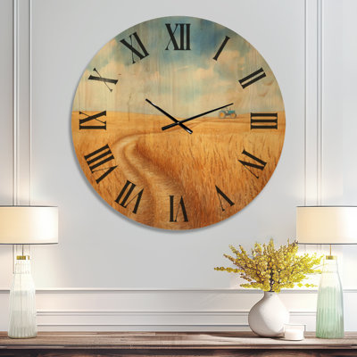Large Meadow Rustic Clock – Tractor Tracks Through a Wheat Field, Printed on Wood