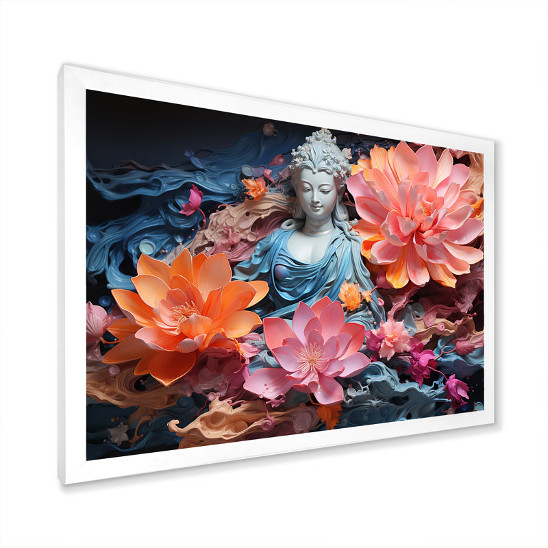 Statue de bouddhisme en fleurs sur toile, H 12 po x l 20 po x P 1 po, Cadre simple blanc
