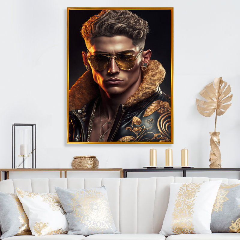 «Fashion Muscular Man with Sun Glasses I», reproduction sur toile, H 32 po x l 24 po x P 1 po, Toile avec cadre flottant or