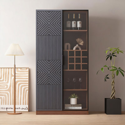 39.37" W x 78.74" H Modern Luxury Floor-Standing Solid Wood Wine Cabinet, Geometric Design Living Room Display Case