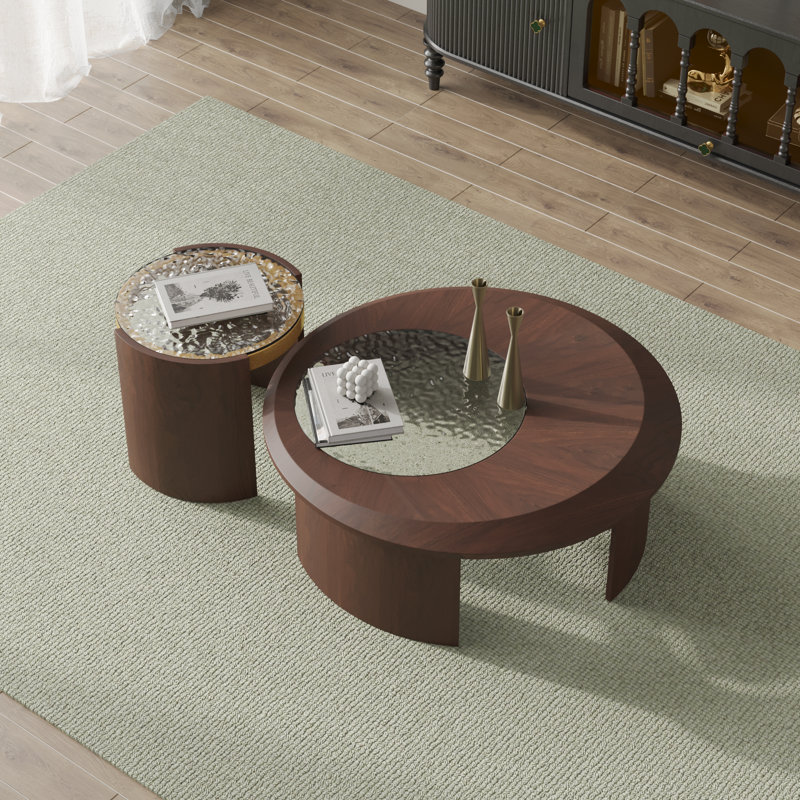 Walnut Wood and Ripple Glass Round Nesting Coffee Table Set