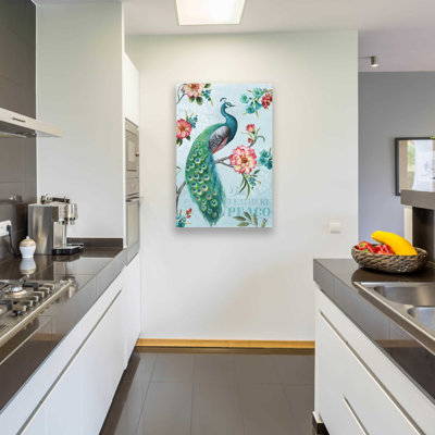 «Blue Feathered Peacock I» par Lisa Audit, art mural en verre acrylique