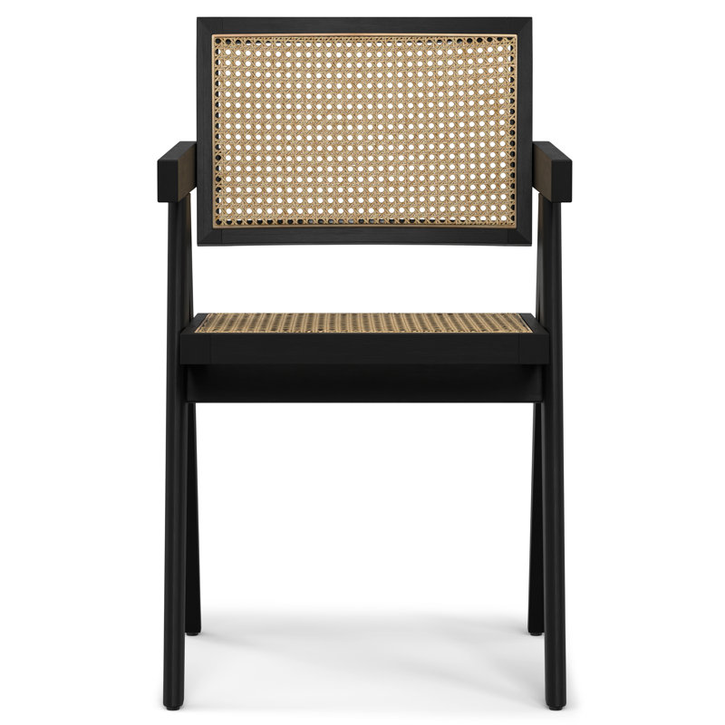 Chaise de salle à manger en bois massif Regina avec dossier Ratan et design Mid-Century moderne (ensemble de 2), Noir