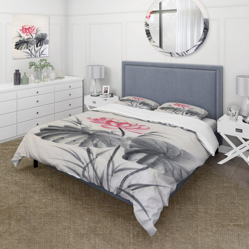 Fleur de lotus avec deux feuilles monochromes - ensemble de housse de couette traditionnel - microfibre de polyester