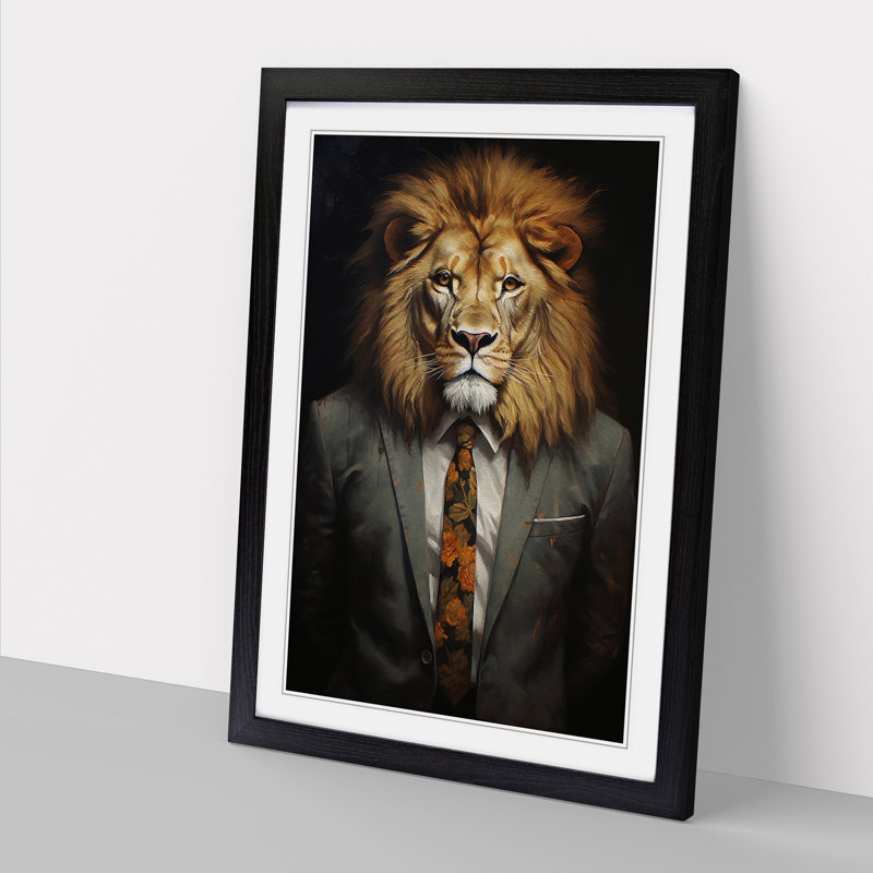 Lion In A Suit - Single Picture Frame Print on Wood, Black, 64cm H x 46cm W x 2cm D