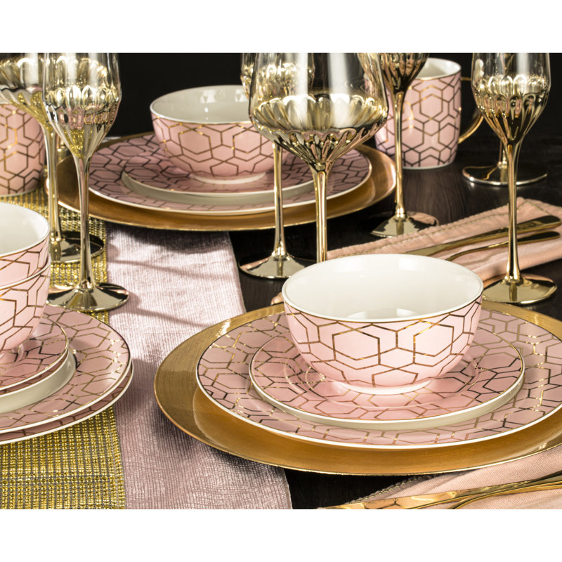 12pc Tallulah Pink & Gold Dinner Set