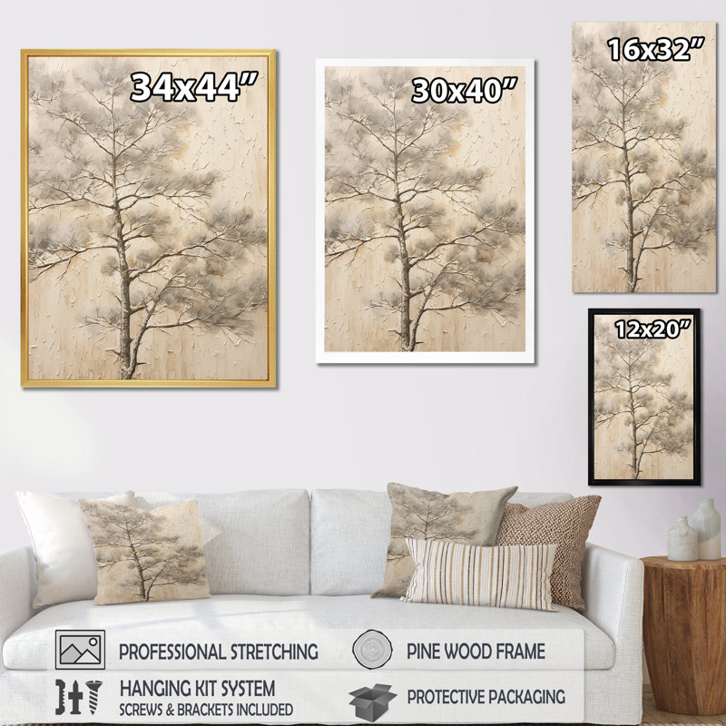 «Beige Tree Pine Zen Scenery II», reproduction d'art sur toile, Cadre flottant blanc, H 32 po x l 16 po x P 1 po