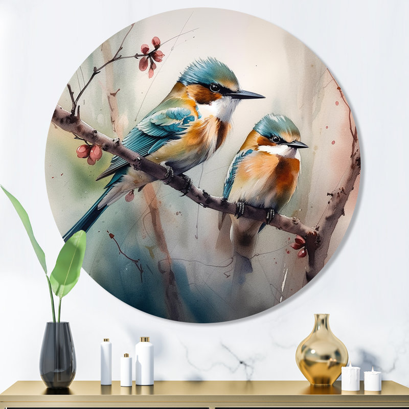 Oiseaux bleus sur une branche I - Art mural rond en métal à motif floral, H 16 po x l 16 po x P 1 po